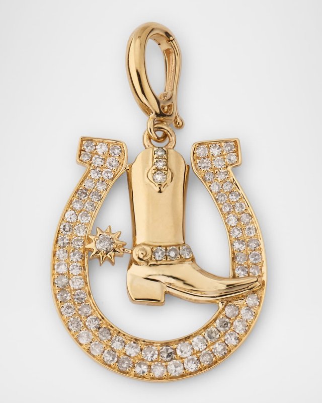 14K Yellow Gold Rodeo Horseshoe and Boot Diamond Pendant